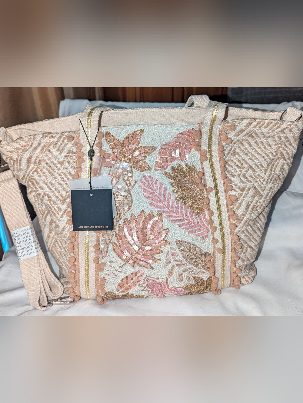 America & Beyond Beaded  Leaf Boho Tote Bag in Blush and Cream NWT